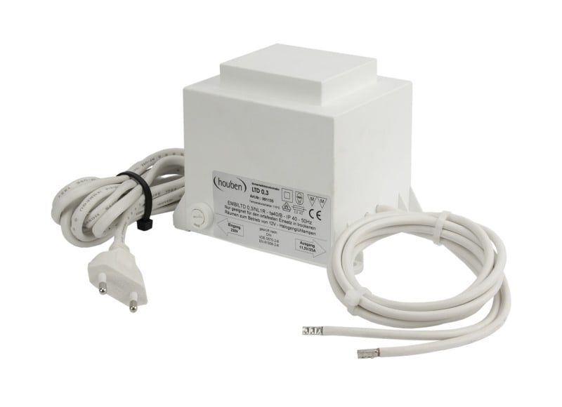 HOUBEN - Sicherheitstrafo, vergossen, weiß 200W, primär 230V, sekundär 12V IP20, mit Zuleitung