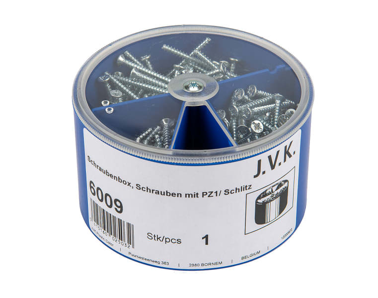 J.V.K. - Schraubenbox blau gefüllt mit Geräteschrauben PZ1 / Schlitz (+/-) je 100 Stück 15,25 und 40mm