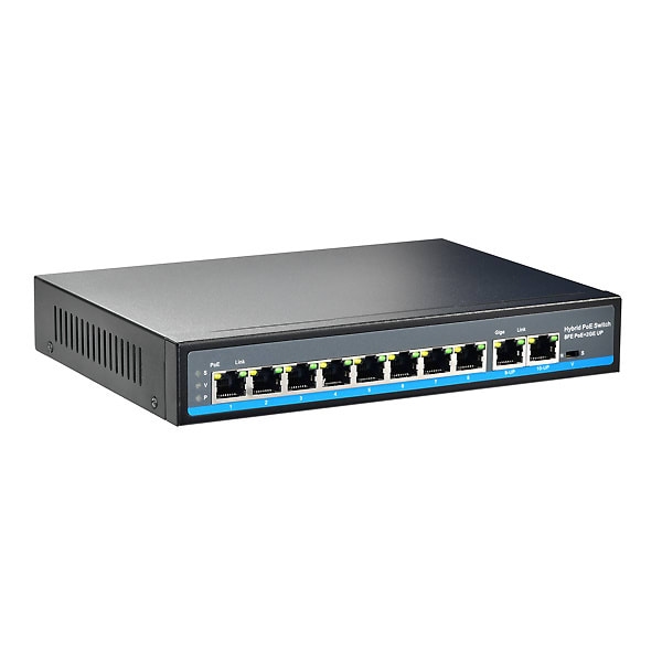 INDEXA - PoE Netzwerk-Switch 10 (8+2) Ports, 8x 100Mbps IEEE 802.3af 48V, 2x 1000Mbps