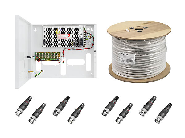 INDEXA - Videoanschlusspaket, 1x Zentral-Stromversorgung, 100m RG59 Multikabel, 8x BNC
