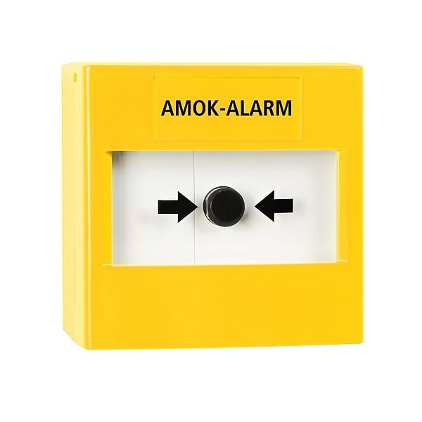 INDEXA - Druckknopfmelder, im gelbem AP/UP-Gehäuse, Aufschrift >Amokalarm<, rückstellbar
