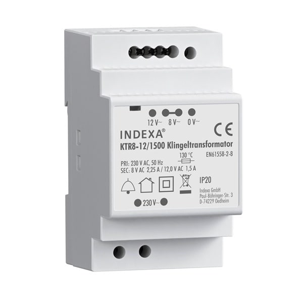 INDEXA - Klingeltransformator 8 und 12V AC 18VA Klingeltrafo für DIN-Schiene TS35