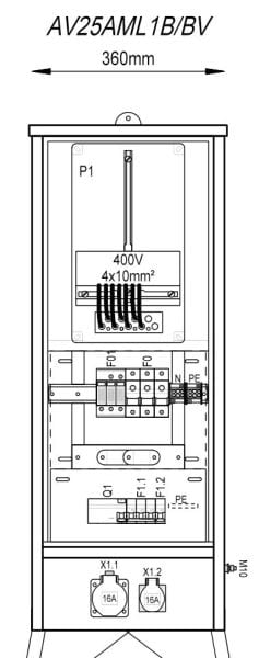 MEHLER - Baustromverteiler B360xH940xT235mm 1 Schuko, 1 CEE5x16A, B,V Ausführung