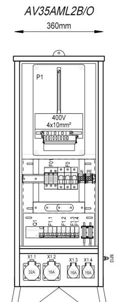 MEHLER - Baustromverteiler B360xH940xT235mm 2 Schuko, 1 CEE 16A, 1 CEE 32A, OÖ-Ausf.