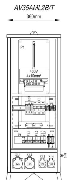 MEHLER - Baustromverteiler B360xH940xT235mm 2 Schuko, 1 CEE 16A, 1 CEE 32A, Tirol