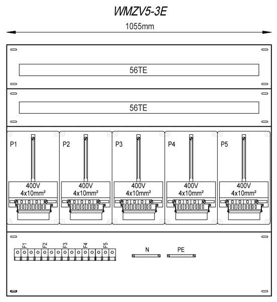 MEHLER - Zählergerüst 1055x1000x155mm 5ZP inkl. VZSI 25A fix, schaltbar