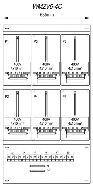MEHLER - Zählergerüst 635x1150x155mm 6ZP inkl. VZSI 25A fix, schaltbar