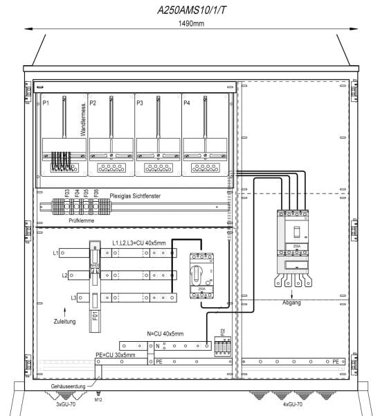 MEHLER - Wandlermessverteiler B1490xH1450xT400mm Zul. LS 250A, Abg. 1x LS+FI 4/250A, T