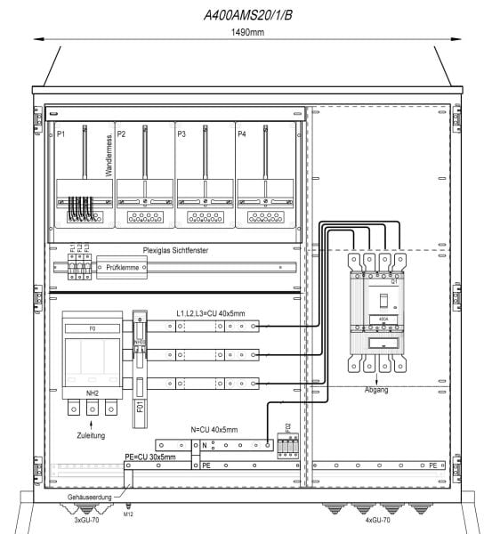 MEHLER - Wandlermessverteiler B1490xH1450xT400mm Zul. NH-II, Abg. 1x LS+FI 4/400A, B