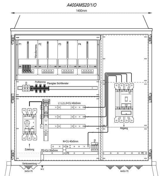 MEHLER - Wandlermessverteiler B1490xH1450xT400mm Zul. LS 400A, Abg. 1x LS+FI 4/400A, O