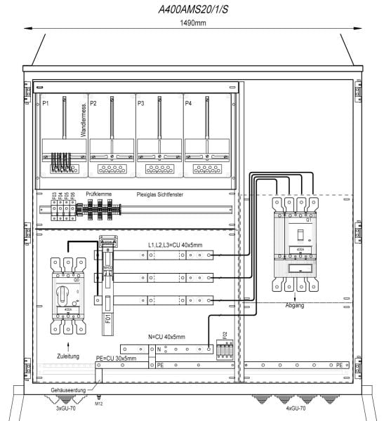 MEHLER - Wandlermessverteiler B1490xH1450xT400mm Zul. LS 400A, Abg. 1x LS+FI 4/400A, S