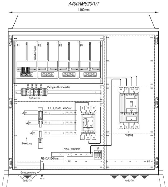 MEHLER - Wandlermessverteiler B1490xH1450xT400mm Zul. LS 400A, Abg. 1x LS+FI 4/400A, T