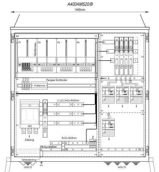 MEHLER - Wandlermessverteiler B1490xH1450xT400mm Zul. NH-II, Abg. 4x LS+FI 4/125A, B
