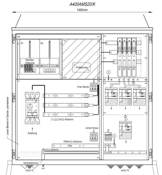 MEHLER - Wandlermessverteiler B1490xH1450xT400mm Zul. LS 400A, Abg. 4x LS+FI 4/125A, K