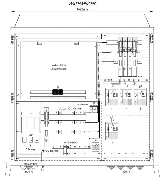 MEHLER - Wandlermessverteiler B1490xH1450xT400mm Zul. NH-II, Abg. 4x LS+FI 4/125A, N