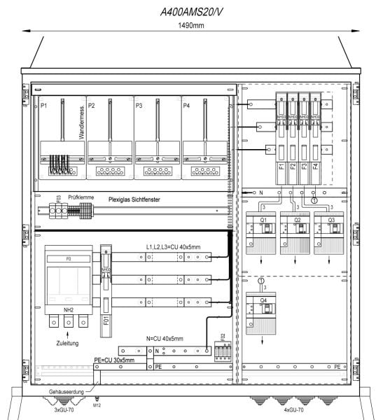 MEHLER - Wandlermessverteiler B1490xH1450xT400mm Zul. NH-II, Abg. 4x LS+FI 4/125A, V