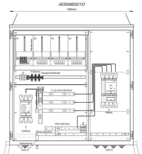 MEHLER - Wandlermessverteiler B1490xH1450xT400mm Zul. LS 630A, Abg. 1x LS+FI 4/630A, O