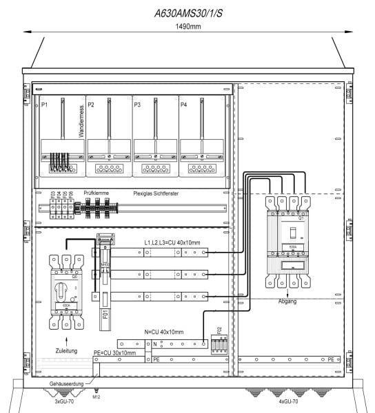 MEHLER - Wandlermessverteiler B1490xH1450xT400mm Zul. LS 630A, Abg. 1x LS+FI 4/630A, S