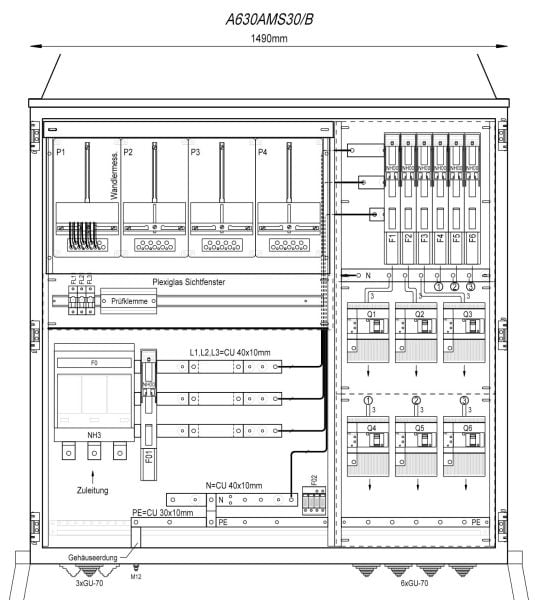 MEHLER - Wandlermessverteiler B1490xH1450xT400mm Zul. NH-III, Abg. 6x LS+FI 4/125A, B