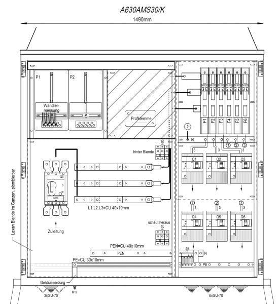 MEHLER - Wandlermessverteiler B1490xH1450xT400mm Zul. LS 630A, Abg. 6x LS+FI 4/125A, K