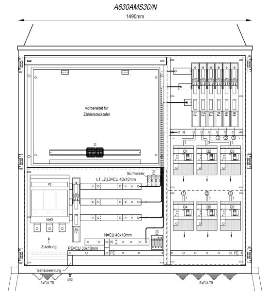 MEHLER - Wandlermessverteiler B1490xH1450xT400mm Zul. NH-III, Abg. 6x LS+FI 4/125A, N