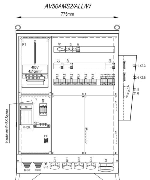 MEHLER - Baustromverteiler B775xH1090xT300mm 6 Schuko,2 CEE 16A,4 CEE32A,1x CEE63A, W