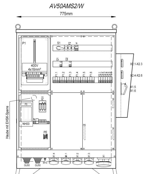 MEHLER - Baustromverteiler B775xH1090xT300mm 6 Schuko,2 CEE 16A,4 CEE32A,1x CEE63A, W