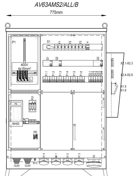 MEHLER - Baustromverteiler B775xH1090xT300mm 6 Schuko,2 CEE 16A,4 CEE32A,1x CEE63A, B