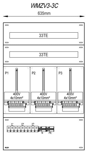 MEHLER - Zählergerüst 635x1000x155mm 3ZP inkl. VZSI 25A fix, schaltbar