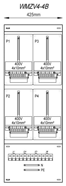MEHLER - Zählergerüst 425x1150x155mm 4ZP inkl. VZSI 25A fix, schaltbar