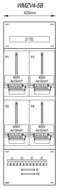 MEHLER - Zählergerüst 425x1325x155mm 4ZP inkl. VZSI 25A fix, schaltbar
