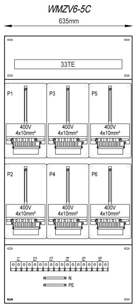 MEHLER - Zählergerüst 635x1325x155mm 6ZP inkl. VZSI 25A fix, schaltbar