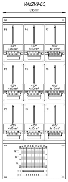 MEHLER - Zählergerüst 635x1625x155mm 9ZP inkl. VZSI 25A fix, schaltbar