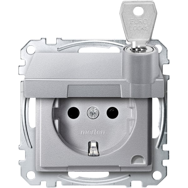 MERTEN - SCHUKO-Steckd. m. Klappd., abschl. m. versch. Schl., BRS, StK, aluminium, Sys. M