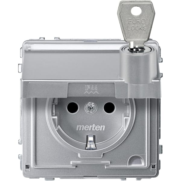 MERTEN - SCHUKO-Steckd.m.Klappd.u.Schriftf.abschl.m. versch.Schl. BRS, StK,alu,AQUADESIGN