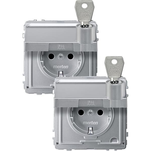 MERTEN - SCHUKO-Steckd.m.Klappd.u.Schriftf.abschl.m. 2 gl.n Schl. BRS, StK,alu,AQUADESIGN