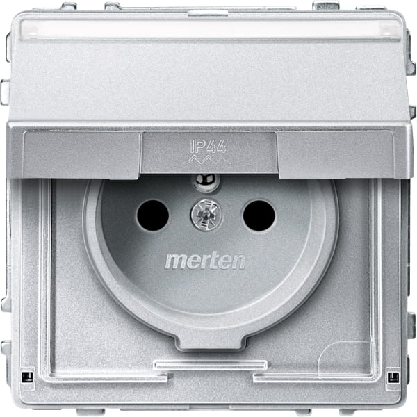 MERTEN - Steckdose m. Schutzk.stift, Klappd. u. Schriftf., BRS, SK, aluminium, AQUADESIGN