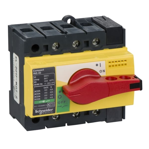 SCHNEIDER ELECTRIC - Lasttrennsch. INS40,3P, 40A/690V AC/250V DC,Drehantrieb rot/Grund gelb