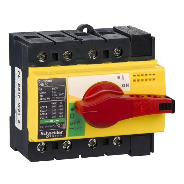 SCHNEIDER ELECTRIC - Lasttrennsch. INS40,4P, 40A/690V AC/250V DC,Drehantrieb rot/Grund gelb