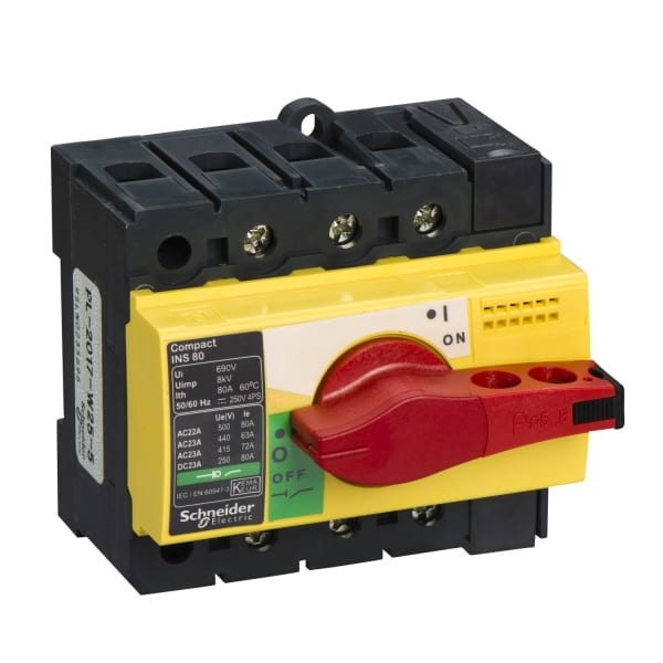 SCHNEIDER ELECTRIC - Lasttrennsch. INS80,3P, 80A/690V AC/250V DC,Drehantrieb rot/Grund gelb