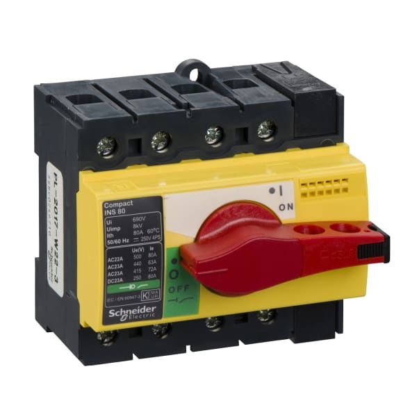 SCHNEIDER ELECTRIC - Lasttrennsch. INS80,4P, 80A/690V AC/250V DC,Drehantrieb rot/Grund gelb