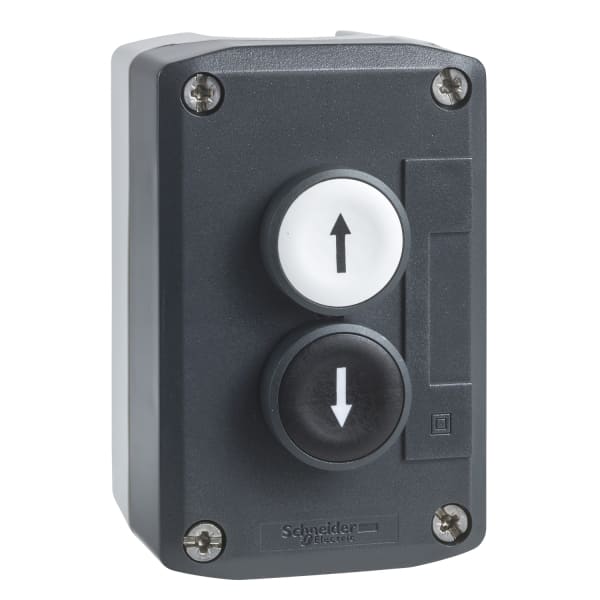 SCHNEIDER ELECTRIC - Aufbaugehäuse XALD, Kstst, dgr, 2 Drucktaster, ws-sw, Pfeile Auf-Ab, 2S+2Ö
