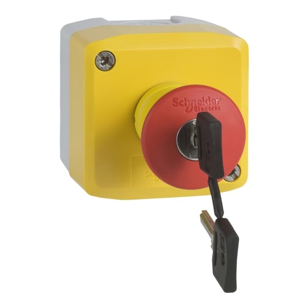 SCHNEIDER ELECTRIC - Aufbaugehäuse XALK, Kunststoff, hgr, gelb, 1 Not-Aus, Schlüsselentriegelung, 1Ö+1S