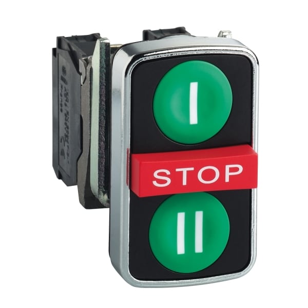 SCHNEIDER ELECTRIC - Dreifachdrucktaster, XB4, Metall, 22mm, grün, rot, grün, I/STOP/II, 1S+1Ö+1S
