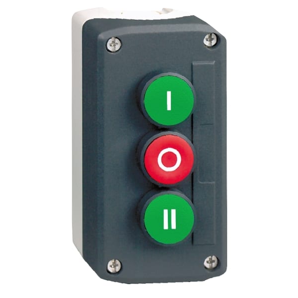 SCHNEIDER ELECTRIC - Aufbaugehäuse XALD, Kstst, dgr, 3 Drucktaster, weiß, rot, schwarz, I-O-II, 2S+1Ö