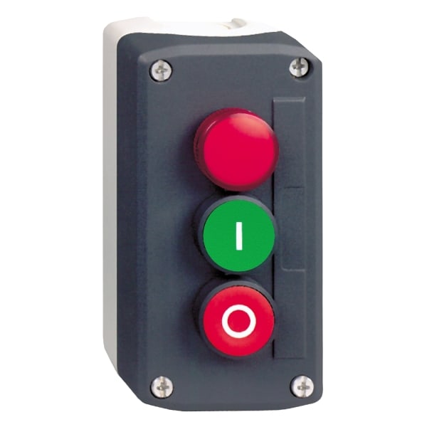 SCHNEIDER ELECTRIC - Aufbaugehäuse XALD, Kstst, dgr, 2 Druckt., gn-rt, I-O, 1 Leuchtm. 240VAC, 1S+1Ö