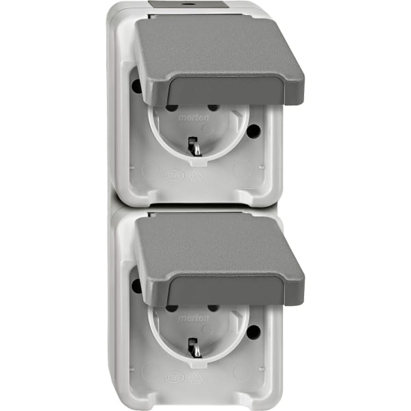 MERTEN - SCHUKO-Doppel-Steckdose, senkrecht angeordnet mit BRS, lichtgrau, AQUASTAR
