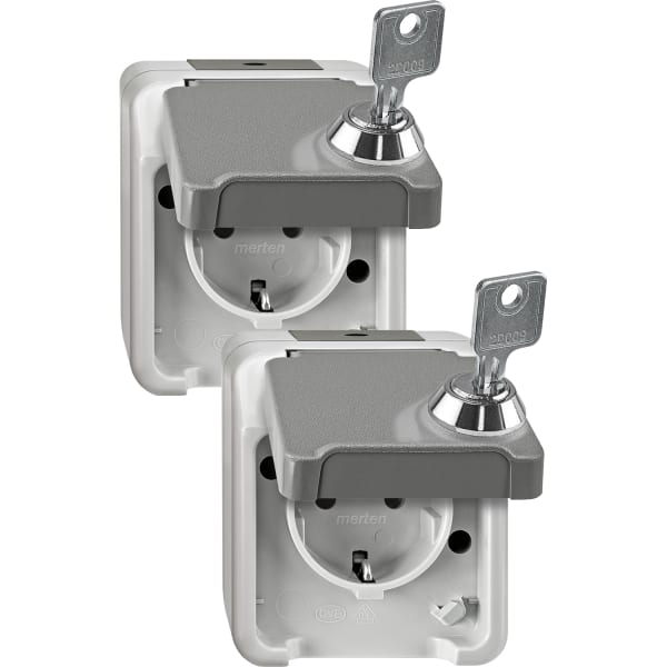 MERTEN - SCHUKO-Steckd. m. BRS, abschl. m. 2 gleichen Schl./2er-Set, lichtgrau, AQUASTAR