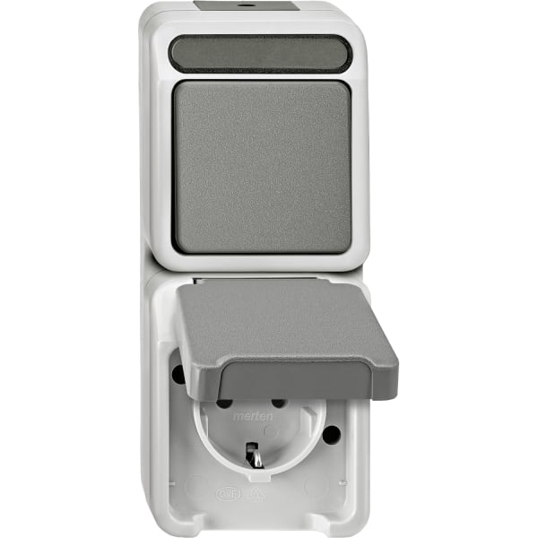 MERTEN - Kombi. SCHUKO-Steckdose m. BRS/ Taster, Schließer 1-pol., lichtgrau, AQUASTAR