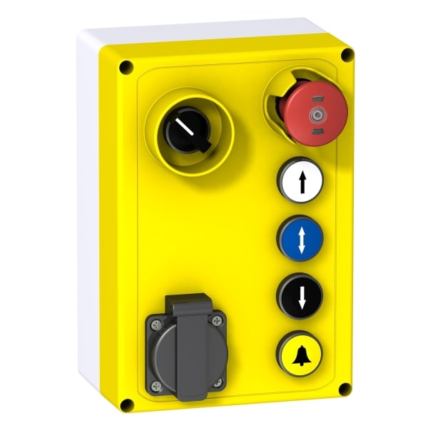 SCHNEIDER ELECTRIC - Aufbaugehäuse, XALF, Kstst, 1 Not-Aus, 1S+1Ö, 4 Drucktaster, 1 Wahlsch., 1 Steckd.